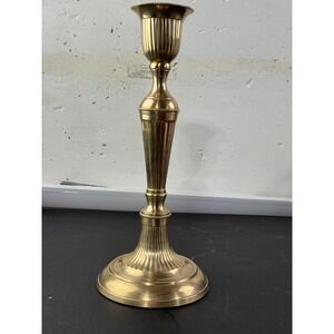 Vintage Tall Fluted Brass Candlestick Holder Beaded Trim Neoclassical 14 in
